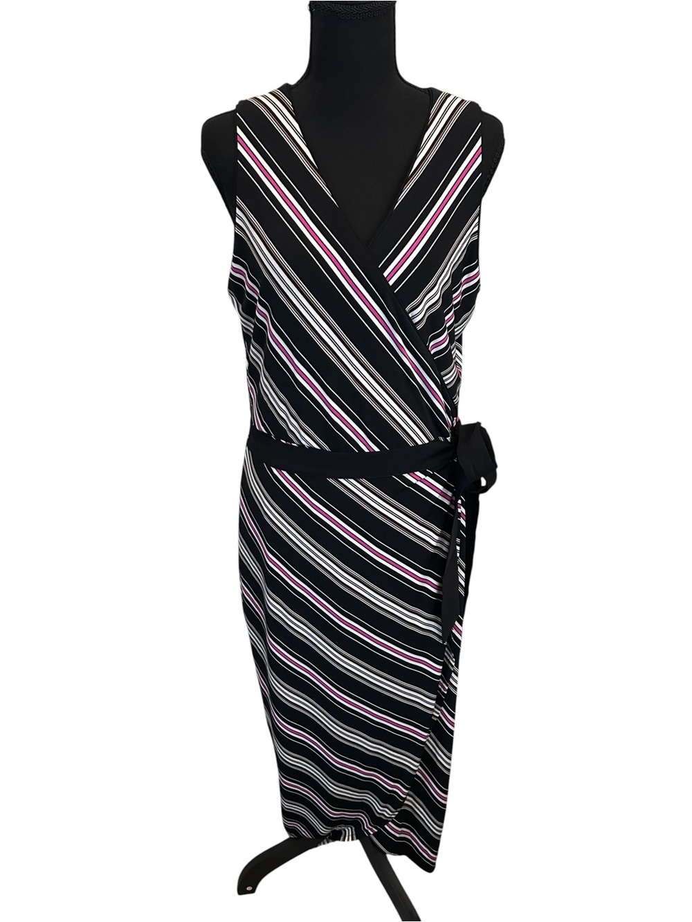 White House Black Market Black Striped Faux Wrap Dress M - Picture 2 of 5